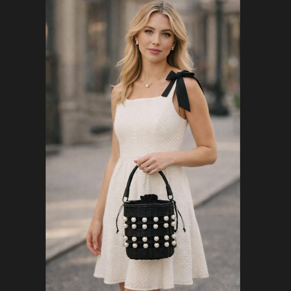 Kate Spade Target Pearl Basket Bag Black Woven Bucket Purse Mini Cottagecore NWT